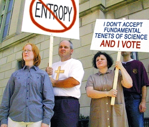 Conservative Christians protest the second law of thermodynamics on the steps of the Kansas Capitol.